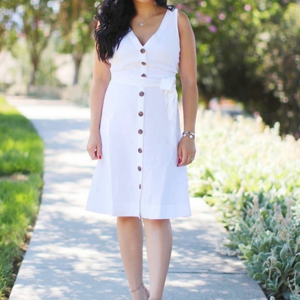 LOFT Linen Blend Button Tie Waist Dress NWT